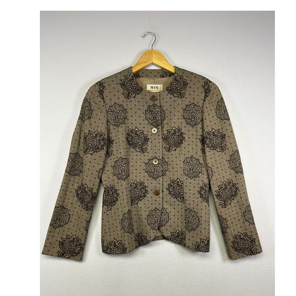 Vintage Dark Academia Mani Womens 6 Tan Brown Floral Jacquard Wool Blazer Jacket